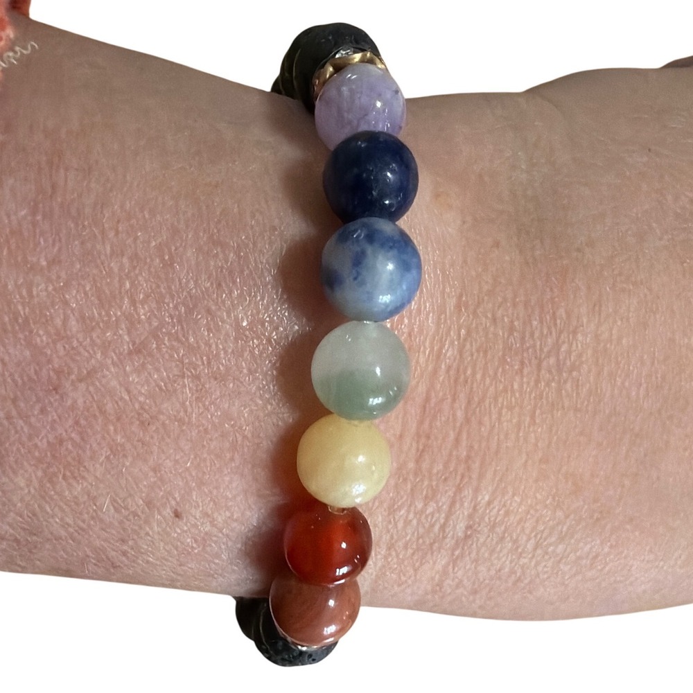 Natural Black Lava Rock Chakra‎ Stretch Bracelet Multi-Color Gemstone Beads 6.5"